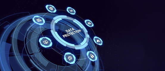 Cyber security data protection business technology privacy concept. Virtual screen of the future shows the word: Data protection.  3d illustration