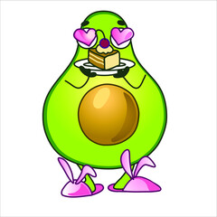 Character Avocado eats cake. Print for t-shirt, sweatshirt. Cartoon style. Humor clipart