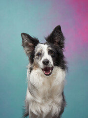 funny dog on a colored background. Happy border collie in the studio. pet portrait