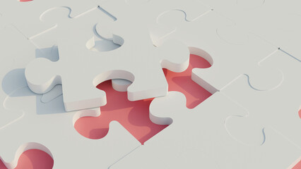 White puzzle pieces on pink surface. Solving problems concept. 3D rendering illustration. 
