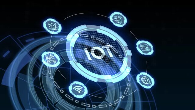 Internet of things - IOT concept. Businessman offer IOT products and solutions. The future of technology. Virtual screen of the future with the inscription: IOT