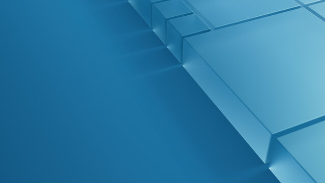 Frosted Glass Shapes on a Blue Surface. Innovative Tech Concept with copy space. 3D Render.