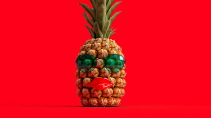 3d render pineapple in sunglasses on a red background with lips summer background vacation tropics