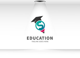 education logo design element. shape of pencil with Hat and letter s isolated circle