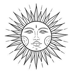 Boho Sun. Vector illustration isolated on white for tarot card, astrology, heavenly boho design. Vintage mystical style.