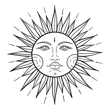 Boho Sun. Vector illustration isolated on white for tarot card, astrology, heavenly boho design. Vintage mystical style.