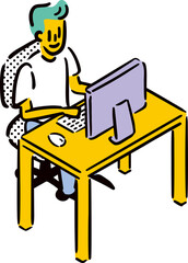在宅ワークをする人物。アイソメトリックイラスト。