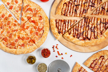 different types of pizza on a white background, a composition of different types of pizzas, a pizza banner