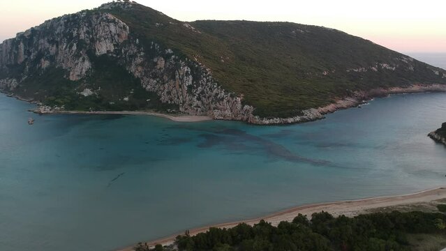 Panoramic aerial view over Divari beach near Navarino bay, Gialova. It is one of the best beaches in mediterranean Europe. Beautiful lagoon near Voidokilia from a high point of view, Messinia, Greece