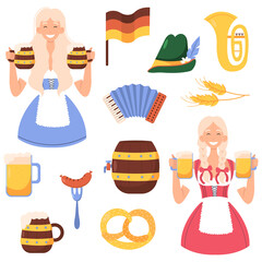 Vector set of Oktoberfest elements: german beer, pretzel, sausage. Collection for folk festival in Germany. Munich symbols. Oktoberfest girls in Bavarian dirndl.