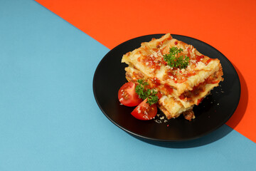 Concept of delicious food - Lasagna, space for text
