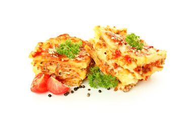 Concept of delicious food, Lasagna isolated on white background