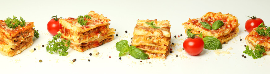 Concept of delicious food on white background - Lasagna