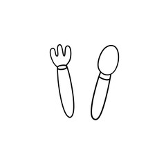 fork and spoon drawing line icon on white background, vector illustration in flat cartoon design.