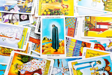 Kyiv, Ukraine - May 22, 2022 : Tarot cards, Rider Waite tarot cards,the five of cups card in the...
