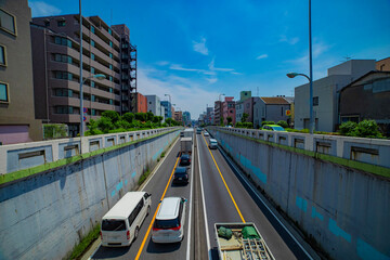A traffic jam at the urban street in Tokyo wide shot
