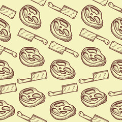 Seamless pattern vintage hand drawn meat cleaver line art vector illustration
