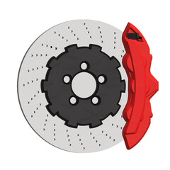 3D Realistic Disc brakes with red sports racing calipers isolated on white. 
