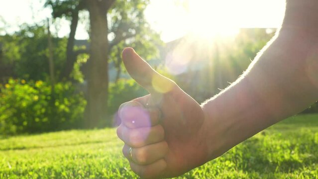 Close up of male hand showing thumbs up gesture in front of camera representing pleasant weather in lush green park.