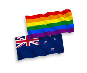 National vector fabric wave flags of New Zealand and Rainbow gay pride isolated on white background. 1 to 2 proportion.