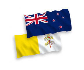 National vector fabric wave flags of New Zealand and Vatican isolated on white background. 1 to 2 proportion.