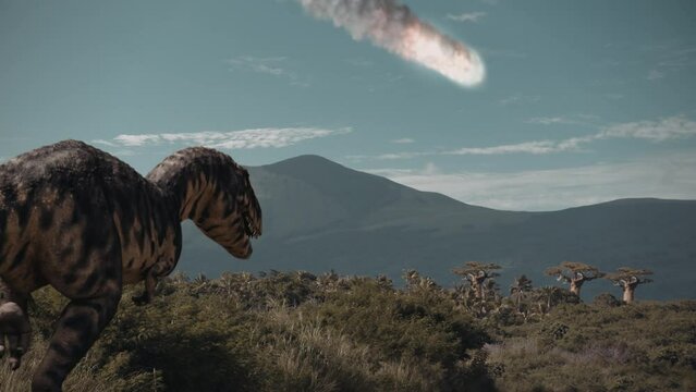 Majungasaurus watches as a meteor approaches prehistoric earth