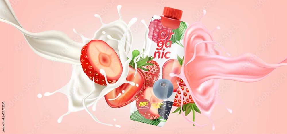 Poster mix berries yogurt splashing of tropical fruits on solid color background. vector in 3d illustration