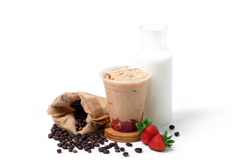 ice coffee latte strawberry with coffee beans, strawberry and milk bittle isolated on white background. coffee shop cafe menu concept.