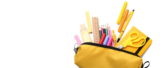 Pencil case with set of school supplies isolated on white