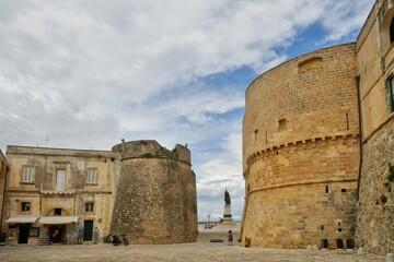The towers and walls of an Aragonese castle that defended the city of Otranto from pirate attack,...