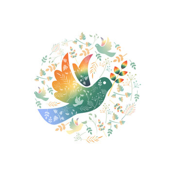 Flying Peace dove with olive branch. Color gradient design.