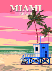 Naklejka premium Miami Beach Retro Poster . Lifeguard house on the beach, palm, coast, surf, ocean. Vector illustration vintage