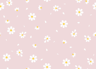 Daisies and petals on a pink background seamless pattern. Chamomile flowers. Vector background. 