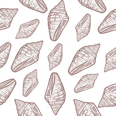 Seamless pattern vintage hand drawn clam shell conch line art