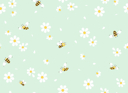 Daisy and bee seamless pattern. Flowers and cartoon bees, hearts on a pink background. Vector. 