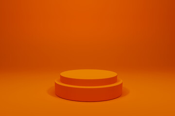 3d rendering product display mockup. Orange colour empty cylinder podium. For exhibition use platform design illustration
