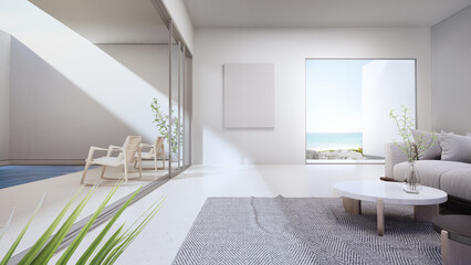Blank picture frame near white sofa on gray carpet of large living room in modern house or luxury pool villa. Cozy home interior 3d rendering with beach and sea view.
