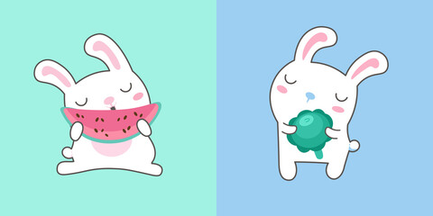 Cute bunnies with food, watermelon and cabbage. Color vector illustration in Japanese kawaii style for design. Forest cartoon animal.