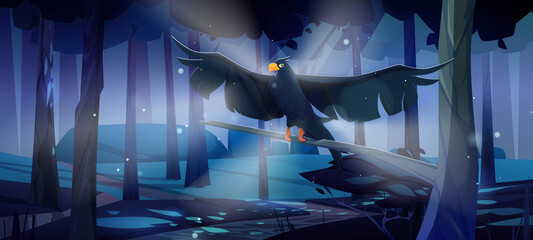 Black raven flying in coniferous forest at night. Vector cartoon illustration of woods landscape with wild crow with spread wings, pines, grass and moon light beam © klyaksun