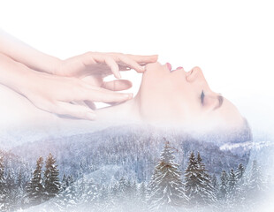 Double exposure of beautiful young woman and winter landscape with snowy forest on white background