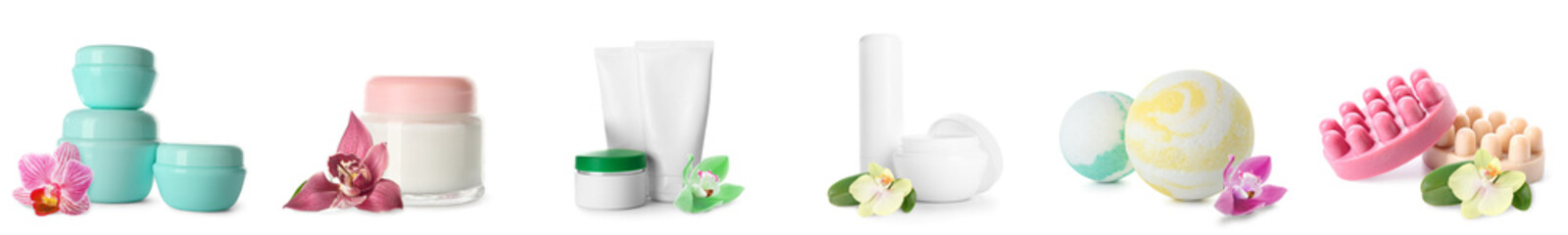 Fototapeta na wymiar Set of different cosmetic products and orchid flowers on white background