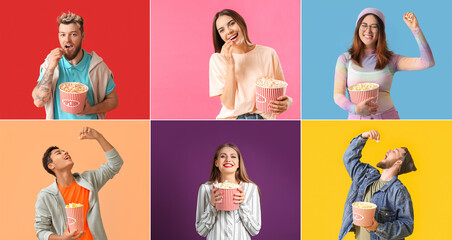 Group of young people with crunchy popcorn on colorful background