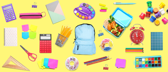 Backpack with set of school supplies on yellow background