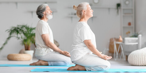 Mature couple practicing yoga at home. Zen concept