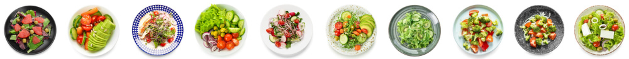 Ensemble de salades savoureuses avec des légumes sur fond blanc, vue de dessus