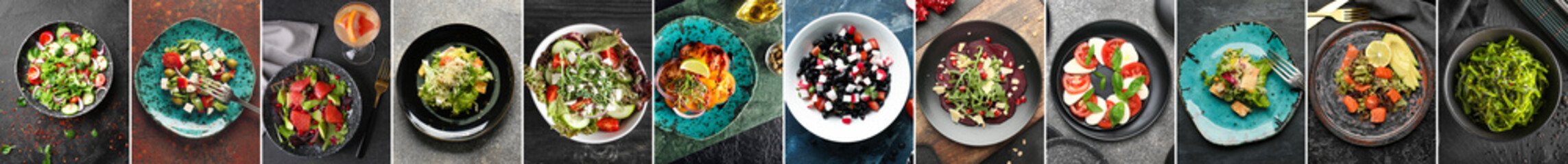 Set of tasty salads with vegetables on dark background, top view