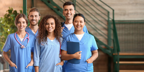 Group of students in hall of modern clinic