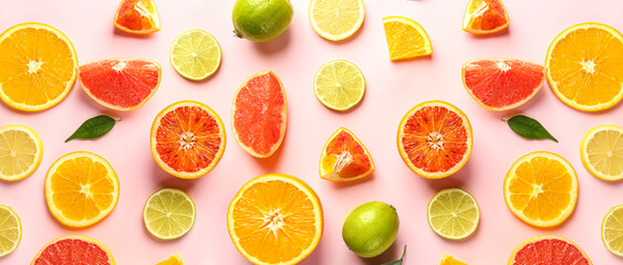 Fototapeta na wymiar Different cut citrus fruits on pink background, top view
