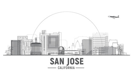 San Jose California line vector illustration. Skyline city with main building. Tourism and business picture.