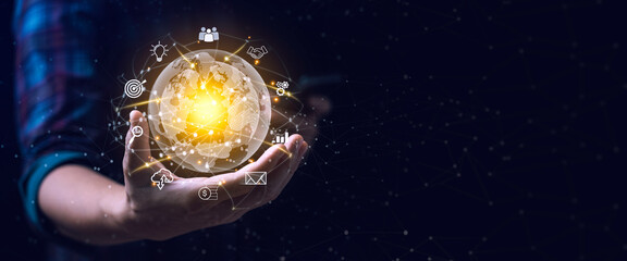 Businessman using smart phone. Global business internet connection application technology and digital marketing. Digital Link Technology Big Data Finance and Banking business concept